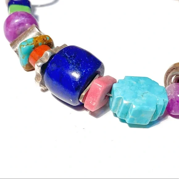 Harold Lujan Unsigned Bracelet w/ Sterling Hand Stamped Beads & Hand Cut Stones - Picture 9 of 16